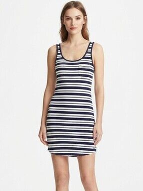 Jack Wills Women's Tank Dress Size 2 Navy Blue & White Striped Pocket Sleeveless
